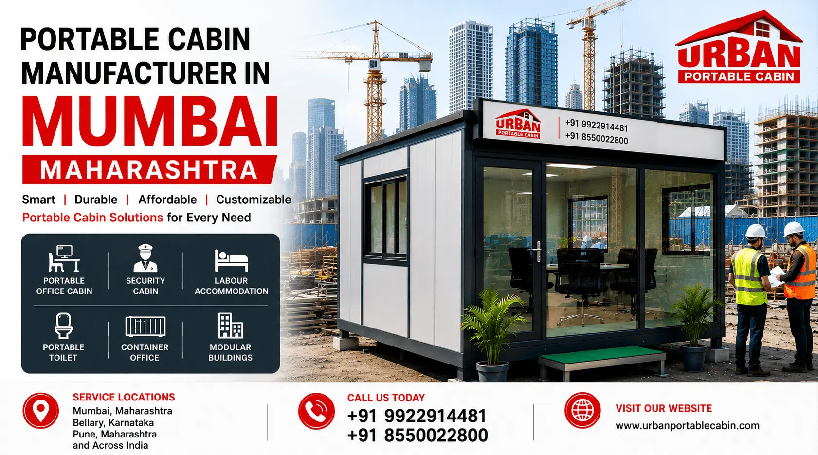 Modern portable office cabin manufactured by Urban Portable Cabin in Mumbai Maharashtra for construction sites, commercial offices, industrial projects, and modular workspace solutions